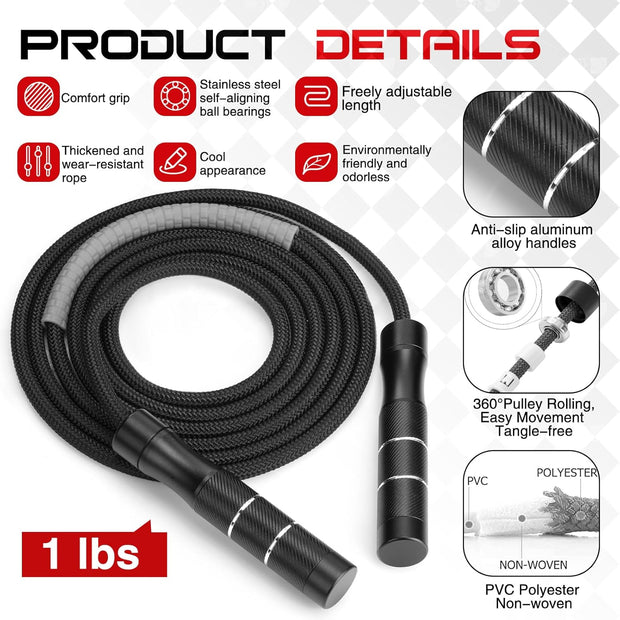 Weighted Jump Rope for Men and Women 1 LB Ball Bearing Rapid Speed Skipping Rope for Workout Fitness Exercise Aluminum Handle Adjustable Length Fabric Cotton and Solid PVC