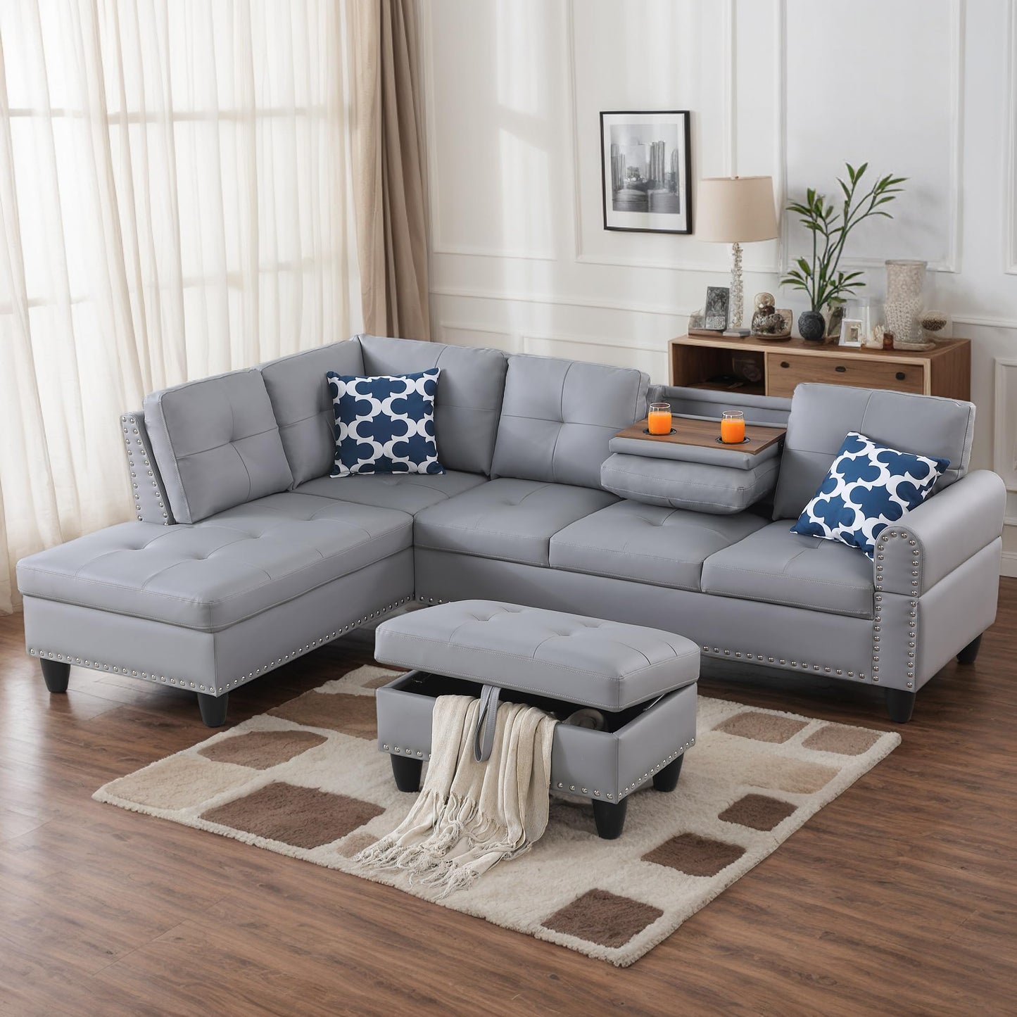 FANYE 3 Piece Modular Sectional Sofa with R Chaise, L-Shaped 5 Seaters Faux Leather Upholstered Corner Sofa & Couch W/2 Cup Holders and Storage Ottoman for Home Apartment Office Living Room