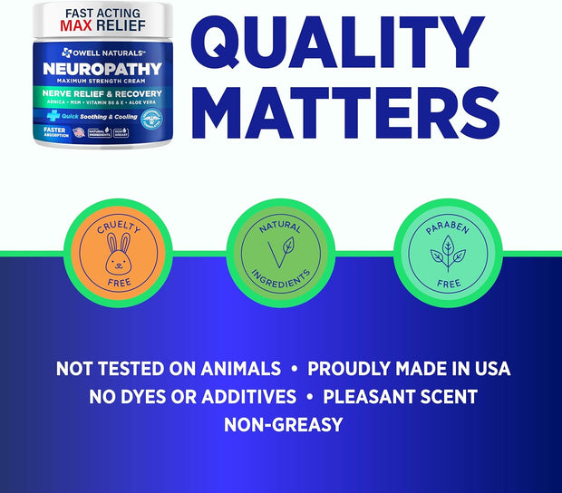 OWELL NATURALS Neuropathy Cream Extra Strength Nerve Relief Cream for Foot, Hands, Legs, Toes with Arnica, Vitamin B6, Aloe Vera, MSM - Made in USA