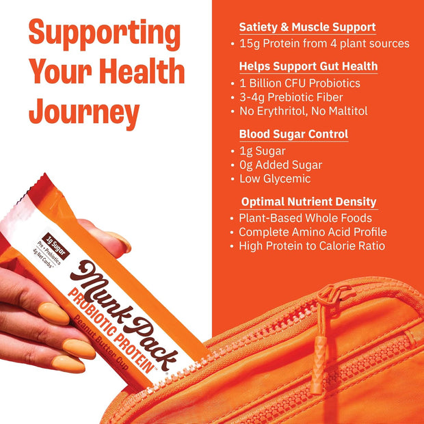 Munk Pack Peanut Butter Cup Probiotic Keto Protein Bars Stocking Stuffers | 15g Plant Protein, 1g Sugar, 4g Net Carbs | Non-GMO, Plant-Based, Low Sugar, Gluten-Free Snacks | 12 Count