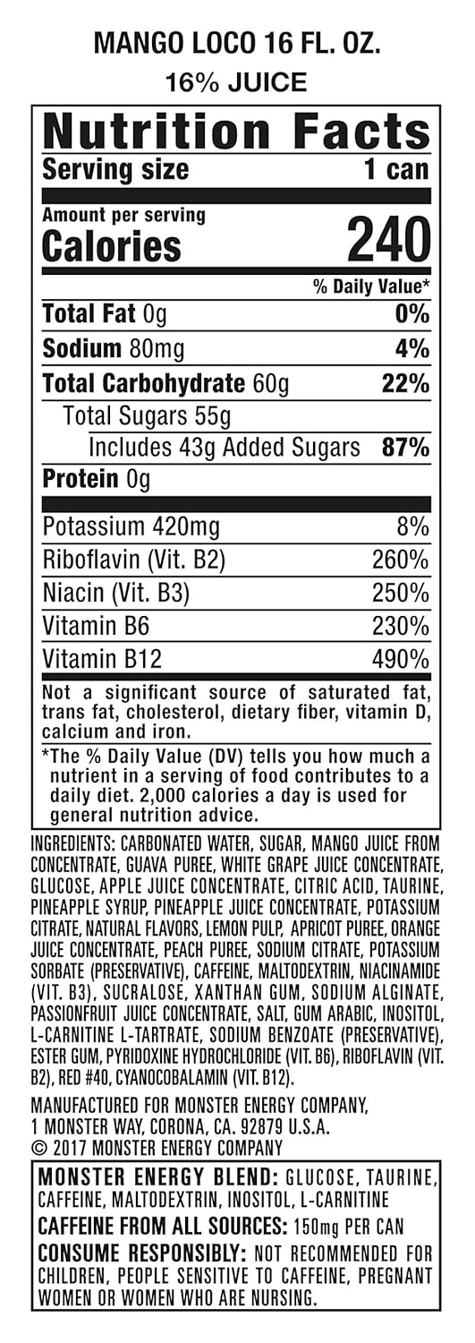 Monster Energy Juice Monster Mango Loco, Energy + Juice, Energy Drink, 16 Ounce (Pack of 12)