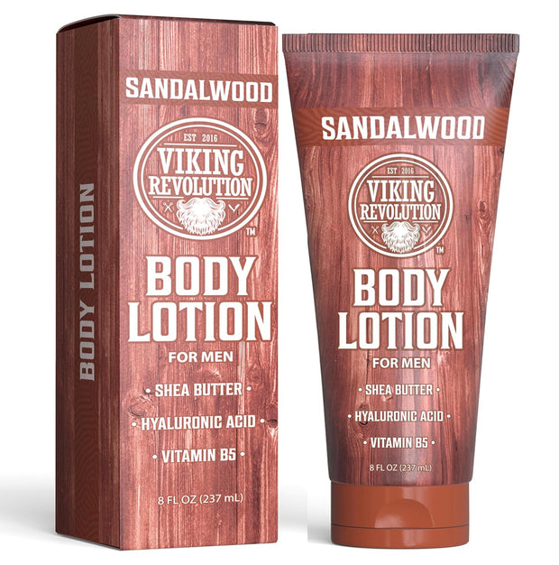 Viking Revolution Sandalwood Body Lotion for Men – Mens Lotion for Dry Skin with Shea Butter, Hyaluronic Acid and Vitamin B5 – Nourishing Mens Body Lotion for Hydrated and Smooth Skin (8oz, 1 Pack)