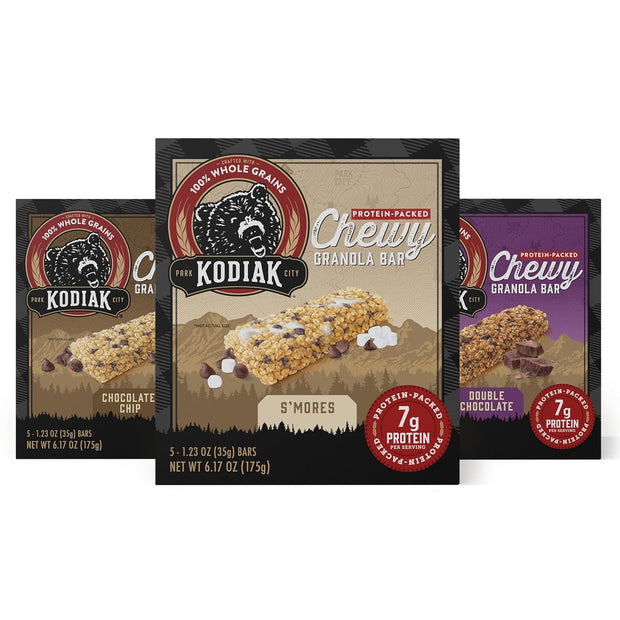 Kodiak Cakes Chewy Granola Protein Snack Bars Variety Pack, S'mores, Chocolate Chip, Double Chocolate, High Protein, 100% Whole Grains, Pack of 4 (20 bars total)
