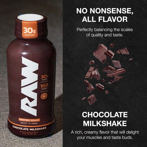 RAW Ready-to-Drink Protein Shake, Chocolate - RTD Protein Drinks with Grass-Fed Whey Protein Isolate for Post-Workout - Zero-Sugar & Gluten-Free Meal Replacement Drink & Breakfast Shake, 12 Fl Oz