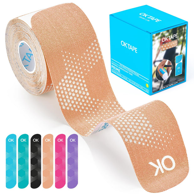 OK TAPE Synthetic Kinesiology Tape, 20 Strips Precut K Tape, Waterproof, Elastic Athletic Tape for Pain Relief & Muscle Support, Reflective Design, 2" x 10" -Beige