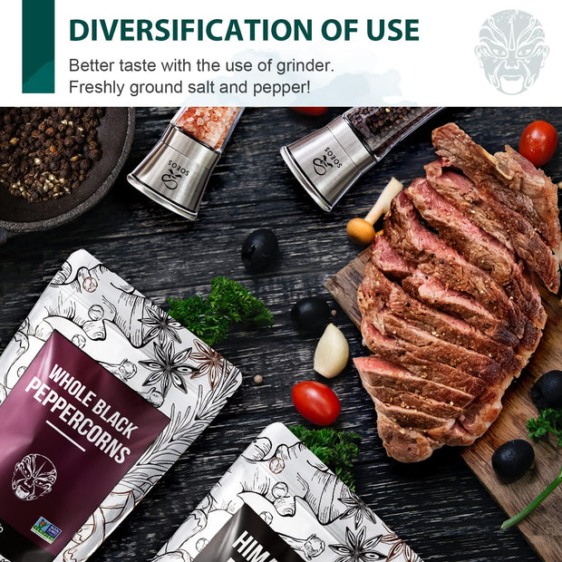 Soeos Whole Black Peppercorns 12oz + Himalayan Pink Salt 2lb, Salt and Pepper for Grinders, Black Peppercorn Refil, Pink Himalayan Sea Salt, 2 Piece Set