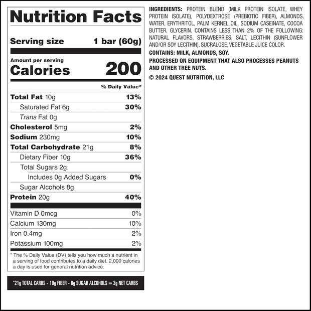Quest Nutrition Protein Bars, Strawberry Shortcake, 20g Protein, 2g Sugar, 3g Net Carbs, 10g Fiber, Gluten Free, 12 Count