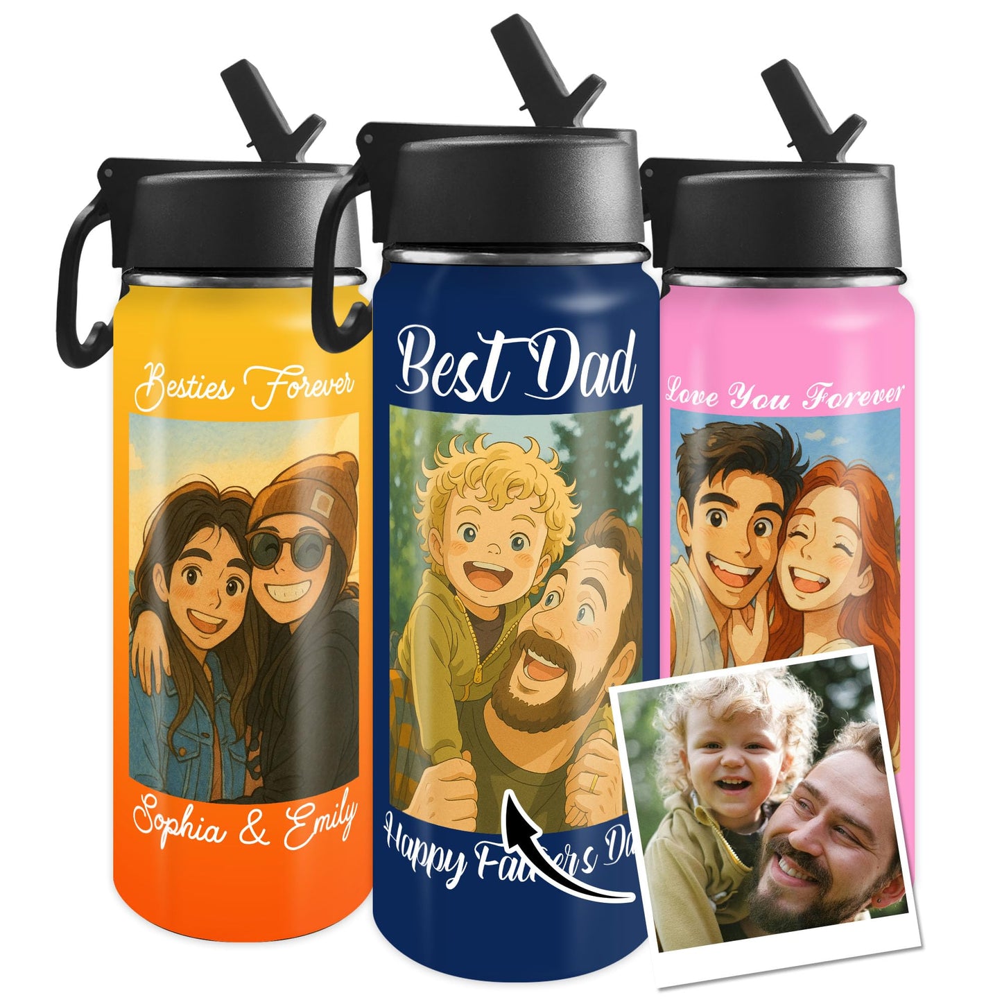 Custom Water Bottle with Photo, 18/32 oz Personalized Picture Stainless Steel Sports Water Bottle for Kids Men Women, Customize Double Wall Vacuum Insulated Bottle Birthday Gifts Water Bottle