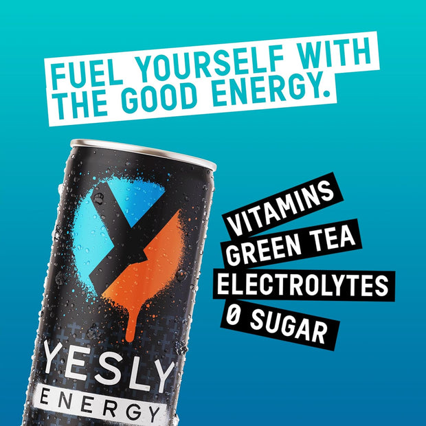 Yesly Energy Drink, Variety Pack, Naturally Flavored Sparkling Energy Drink With Electrolytes, Magnesium, Potassium, Vitamin C, B6 & B12, Natural Caffeine From Green Tea, 12 Fl Oz Cans, 12 Pack