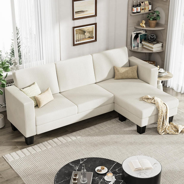 YESHOMY L-Shaped Convertible Sectional Sofa 3 Seater with Corduroy Fabric, Complete with Mobile Footrest, for Living Room, Apartment and Office, 70", Green