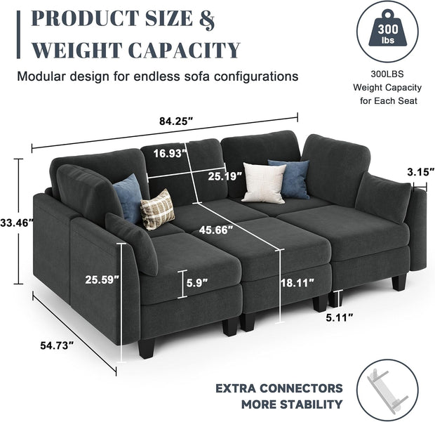 Sectional Sleeper Sofa, 6 Seaters Dark Grey Modular Sleeper Sofa Couch, Comfy Sectionals Couches Bed, Convertible Sofas with Ottomans, Modular Sectional Couches for Living Room