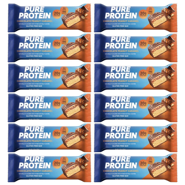 Pure Protein Bars, High Protein, Nutritious Snacks to Support Energy, Low Sugar, 1.75oz Gluten Free, 12 Pack Chocolate Peanut Caramel