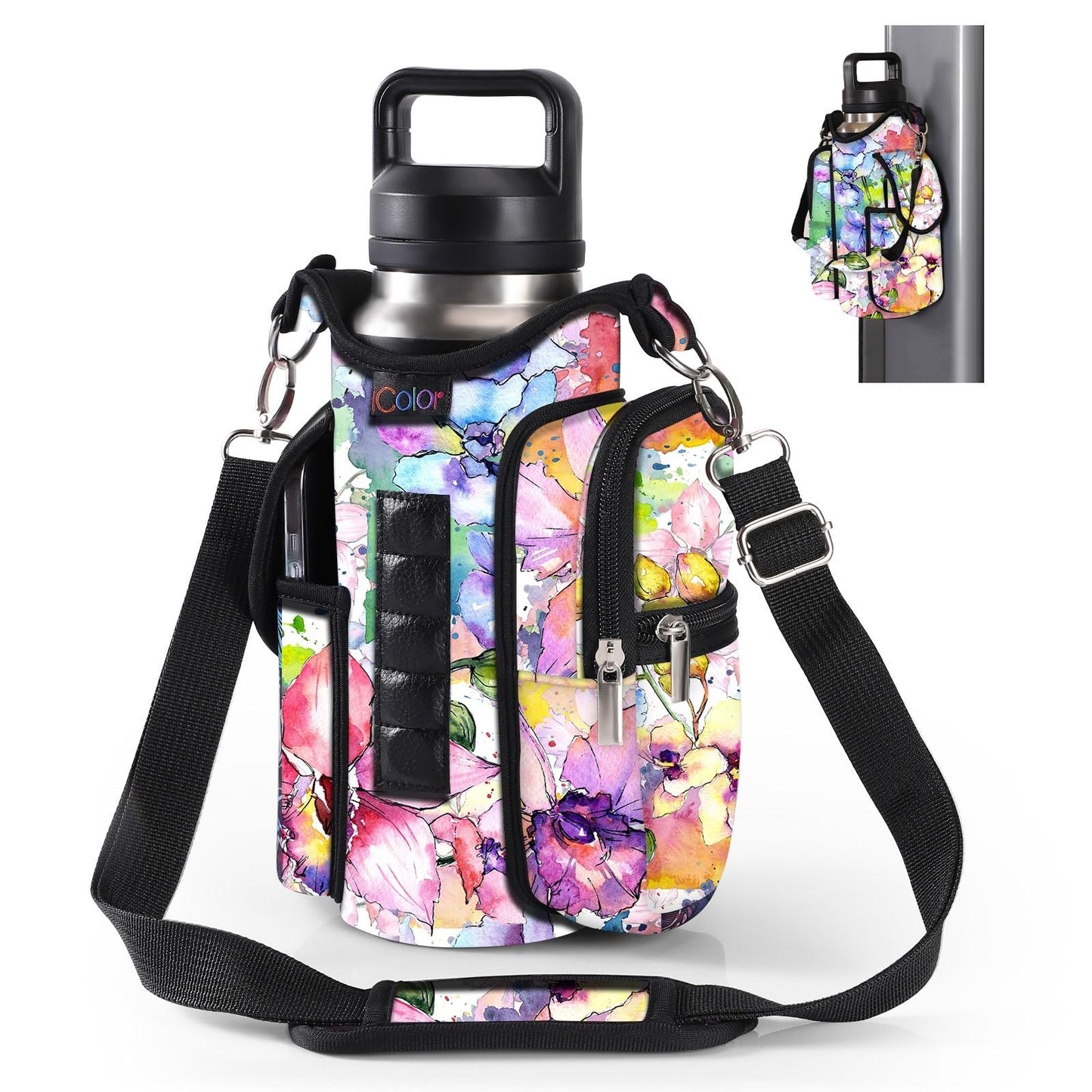 icolor Magnetic Gym Bag Water Bottle Carrier Holder with Phone Pockets & Shoulder Strap,5 Built-in Magnets Gym Bottle Pouch Sleeve,Magnetic Bag Gym Accessories Organizer for Men Women