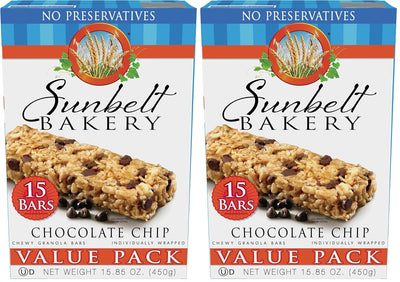 Sunbelt Bakery Chewy Chocolate Chip Granola Bars, 1.1 oz Bars, 15 Count (Pack of 2)
