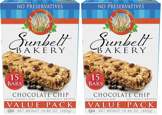 Sunbelt Bakery Chewy Chocolate Chip Granola Bars, 1.1 oz Bars, 15 Count (Pack of 2)