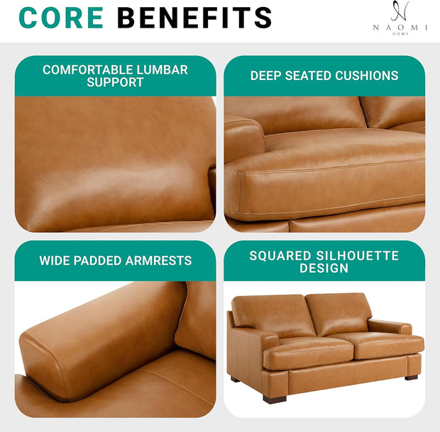 Naomi Home Siggy Genuine Leather Sofa - Set of 3 Luxurious Comfort, Goose Feather Cushion Filling, Square Arm Design, Sturdy Block Legs, Elegant Tan - Ideal for Living Room, Office, or Bedroom