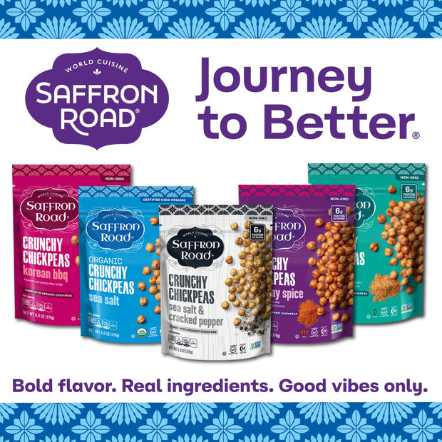 Saffron Road Roasted and Crunchy Sea Salt and Cracked Pepper Chickpeas | High Protein Snacks | Gluten-free, Vegan, Non-GMO, and Certified Halal and Kosher | 5.4oz Pouch | Pack of 6