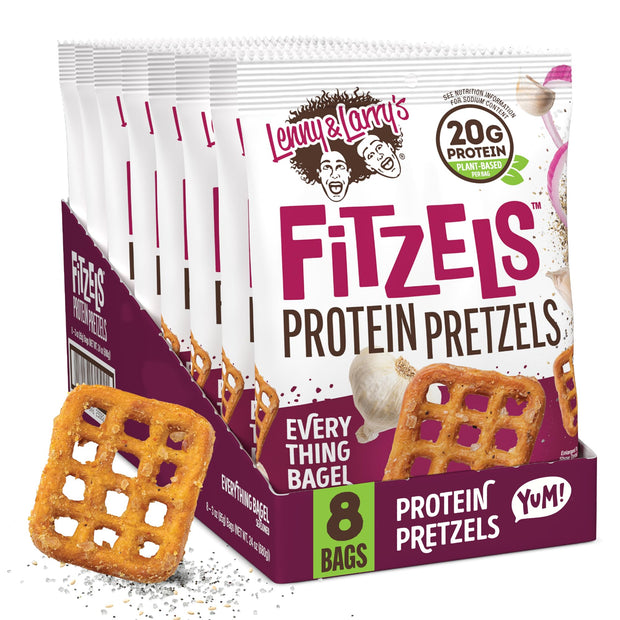 Lenny & Larry's FITZELS Protein Pretzels (Cinnamon Buns) 8 Individual Bags 3 oz Each – High Protein Snacks with 20g of Plant Based Protein – Healthy Vegan Pretzels – Delicious Salty Taste