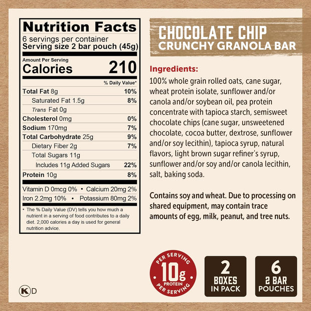 Kodiak Cakes Crunchy Granola Bar Variety Pack - Peanut Butter (2 boxes) and Chocolate Chip (2 boxes) High Protein Granola Bar Snack - 100% Whole Grain Granola Bars Bulk - (24) Total Pouches