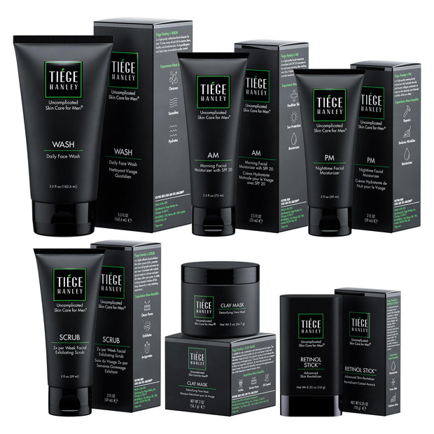 Tiege Hanley 90-Day Large Essential Skin Care Routine for Men (Level 1) - Smooth, hydrate, and protect your skin - Men's Skincare Set Includes Face Wash, Facial Scrub, & AM / PM Moisturizer's