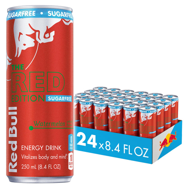 Red Bull Red Edition Sugar Free Energy Drink, Watermelon, with 80mg Caffeine plus Taurine & B Vitamins, 8.4 Fl Oz, 6 Packs of 4 Cans (Pack of 24)