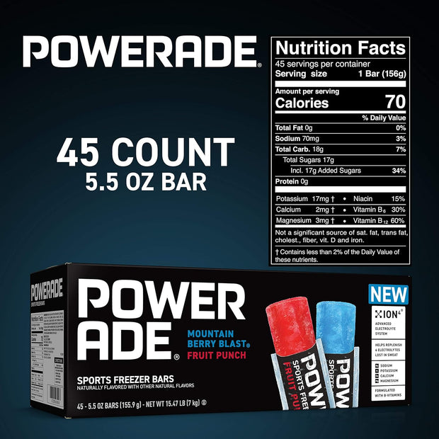 POWERADE Sports Freezer Bars, Giant Sized 5.5 oz Refreshing Ice Pops with Electrolytes B Vitamins – Naturally Flavored, Mountain Berry Blast and Fruit Punch, 45 Total Freezer Bars