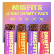 Misfits Vegan Protein Bars - Updated Gluten Free Recipe | Plant Based, Low Sugar & Carb, High Fiber Snacks | Variety Pack of 12 (4 Flavors)