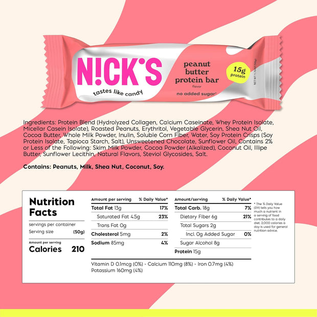 Nick’s Peanut Butter Protein Bars – 12-Count Box | High Protein, Low Calories, Low Carbs, Keto Friendly, No Added Sugar