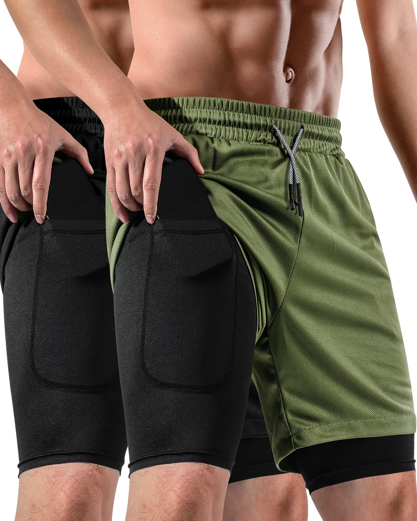 2 in 1 Mens Shorts Casual 2 Pack, Running Gym Shorts for Men 7 Inch, Workout Shorts Men with Pockets &Towel Loop