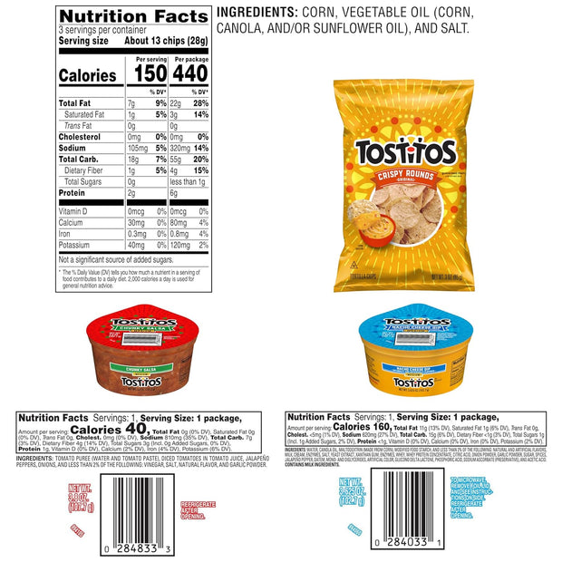 Tostitos Tortilla Chips Chip & Salsa Pack, 3oz Tostitos Crispy Rounds & 3.8oz Medium Salsa (16 count)