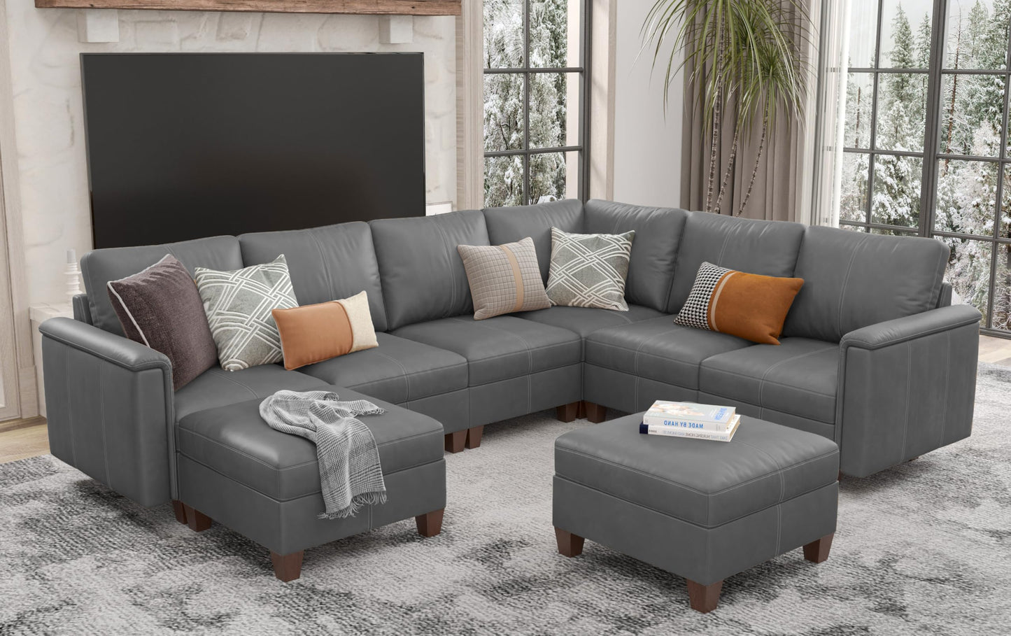 Faux Leather Modular Sectional Couches for Living Room, Modular Convertible U-Shaped Sectioanl Sofa with Storage & Ottoman, Brown