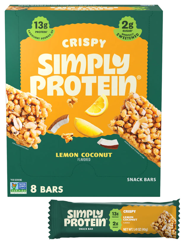 Simply Protein - Lemon Coconut Crispy Bars - Plant Based Protein Bars - Low Carb, Low Sugar, High Fiber - 13g Protein, 2g Sugar, 7g Fiber - Vegan, Gluten Free, Non GMO, Kosher - 24 Bars