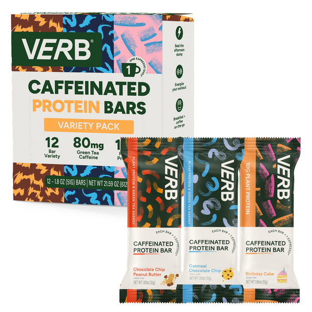 Verb Energy - Caffeinated Protein Bars Chocolate Chip Cookie Dough 190-Calorie Low Sugar 10g Protein Bar - Vegan Snacks - Gluten Free Breakfast Bars with Organic Green Tea, 51g Per Bar (Pack of 12)