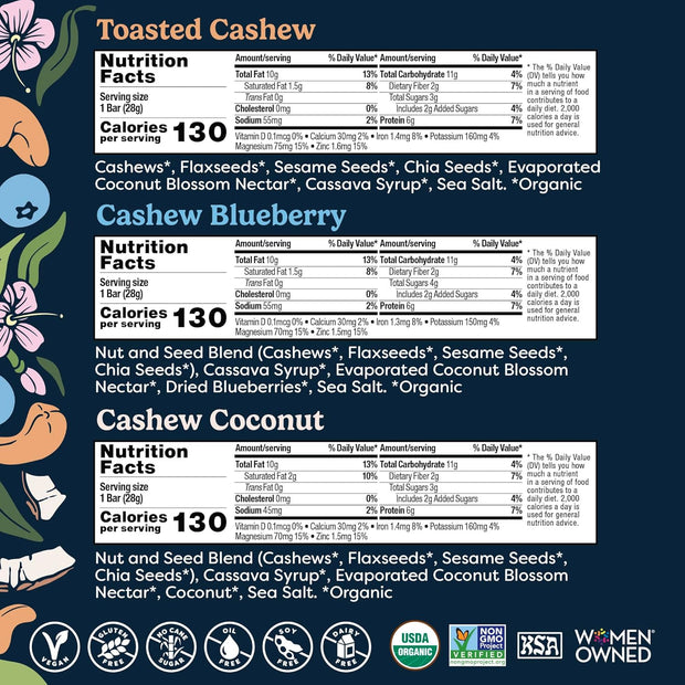 Tosi Cashew Variety Pack Protein Bars, Plant Based with Nuts, Gluten-Free Crunchy Snacks, Vegan, Organic, Flax & Chia Seeds, Soy-Free, Omega 3s, 5G Protein, 1 oz, 12-Pack