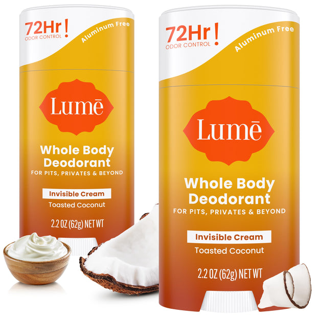 Lume Whole Body Deodorant - Invisible Cream Stick - 72 Hour Odor Control - Aluminum Free, Baking Soda Free, Skin Safe - 2.2 Ounce (Pack of 2) (Soft Powder)