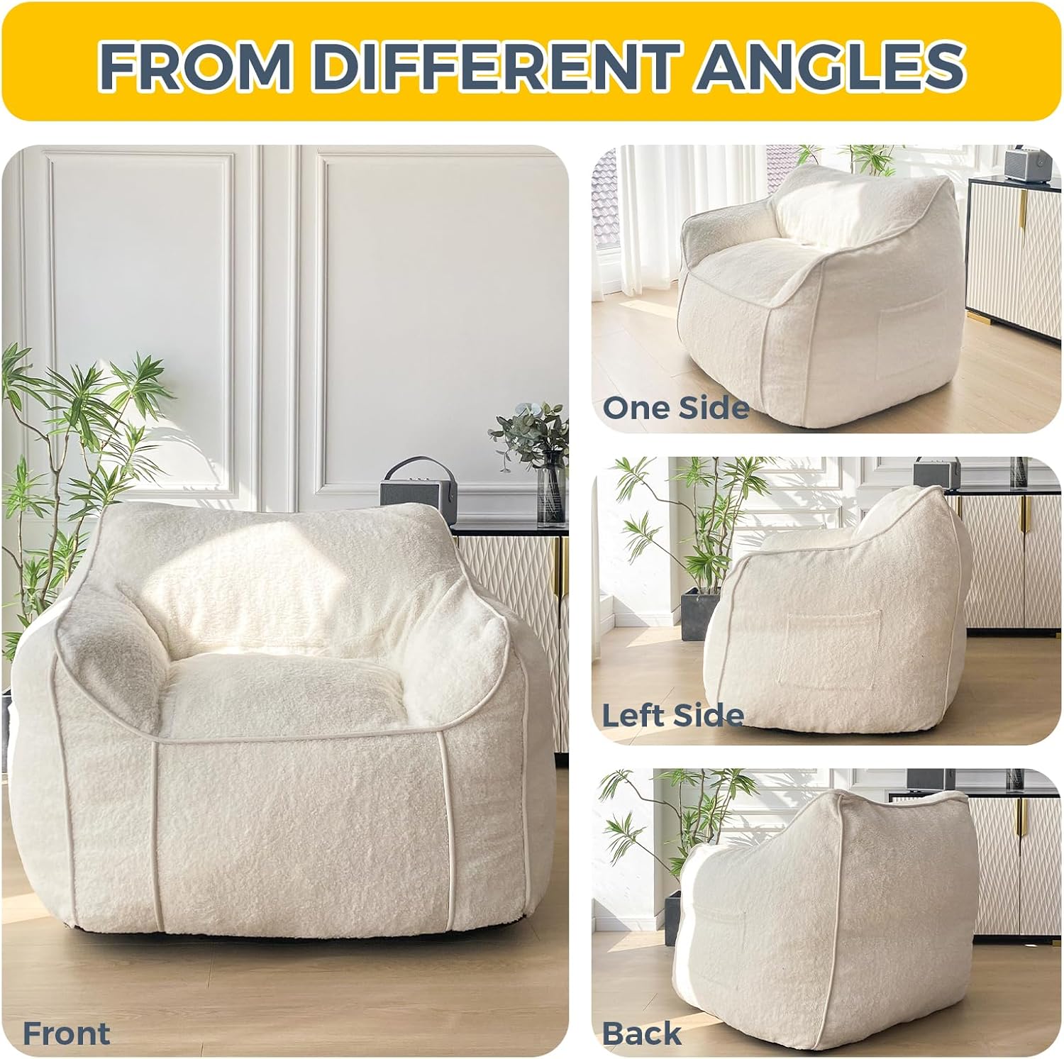 MAXYOYO Giant Bean Bag Chair for Adults, Stuffed Living Room Bean Bag Chair with Armrest, Large Fluffy Bean Bag Sofa with Filler, Accent Chair Sofa Floor Chair with Pocket for Dorm Reading, Beige