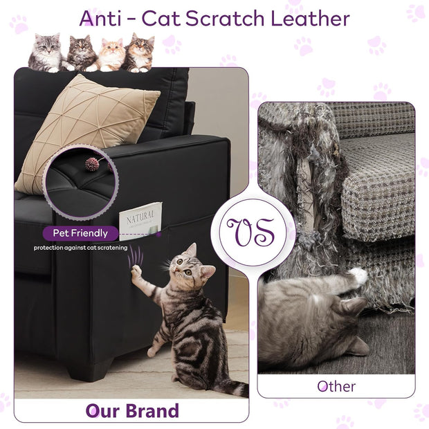 TYBOATLE 88" W Black Faux Leather Sofa Couches for Living Room, Mid-Century Modern Tufted Comfy Small Loveseat w/USB and Wide Arms, 3 Seater Office Cloud Couch for Small Space Apartment Bedroom