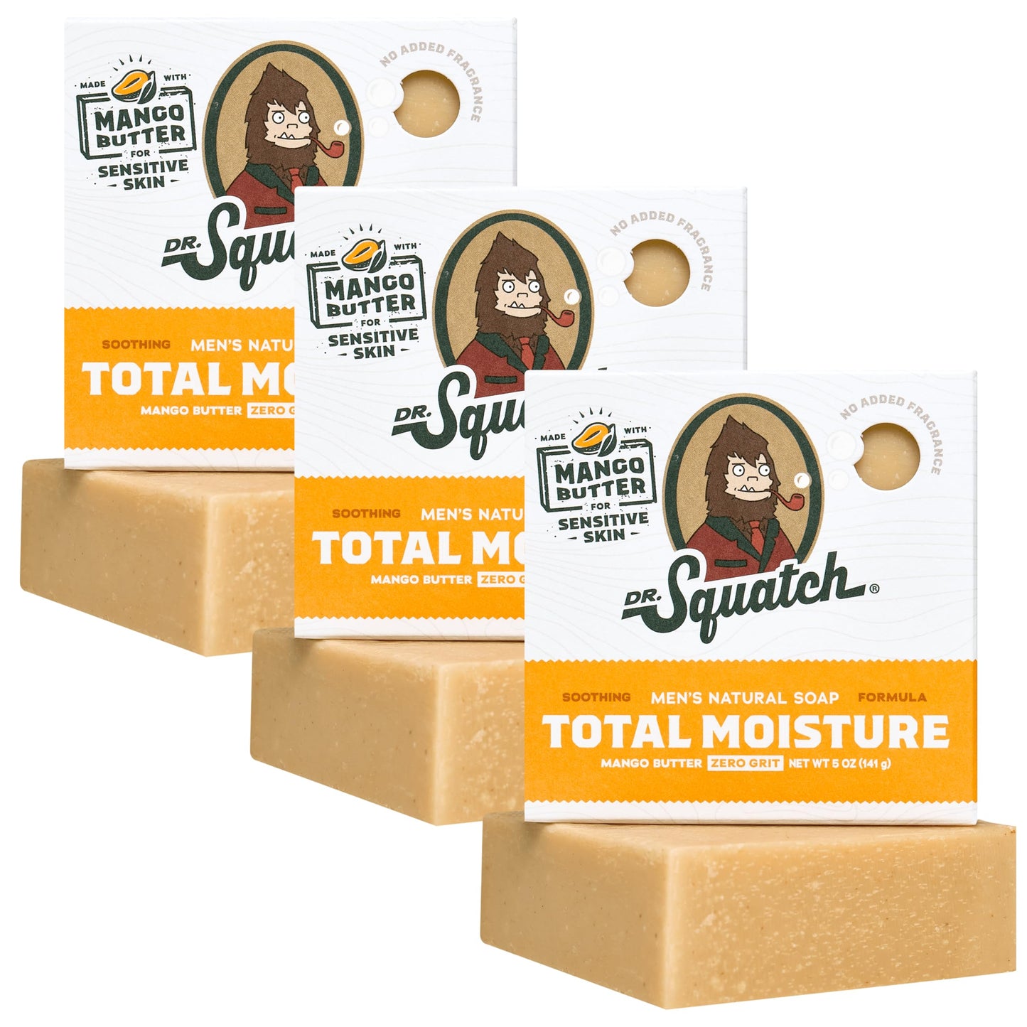 Dr. Squatch NEW Total Moisture Bar Soap for Men - No Added Fragrance Formulated for Sensitive Skin - Shea Butter, Mango Butter & Green Tea Butter (5 oz, 3-pack)