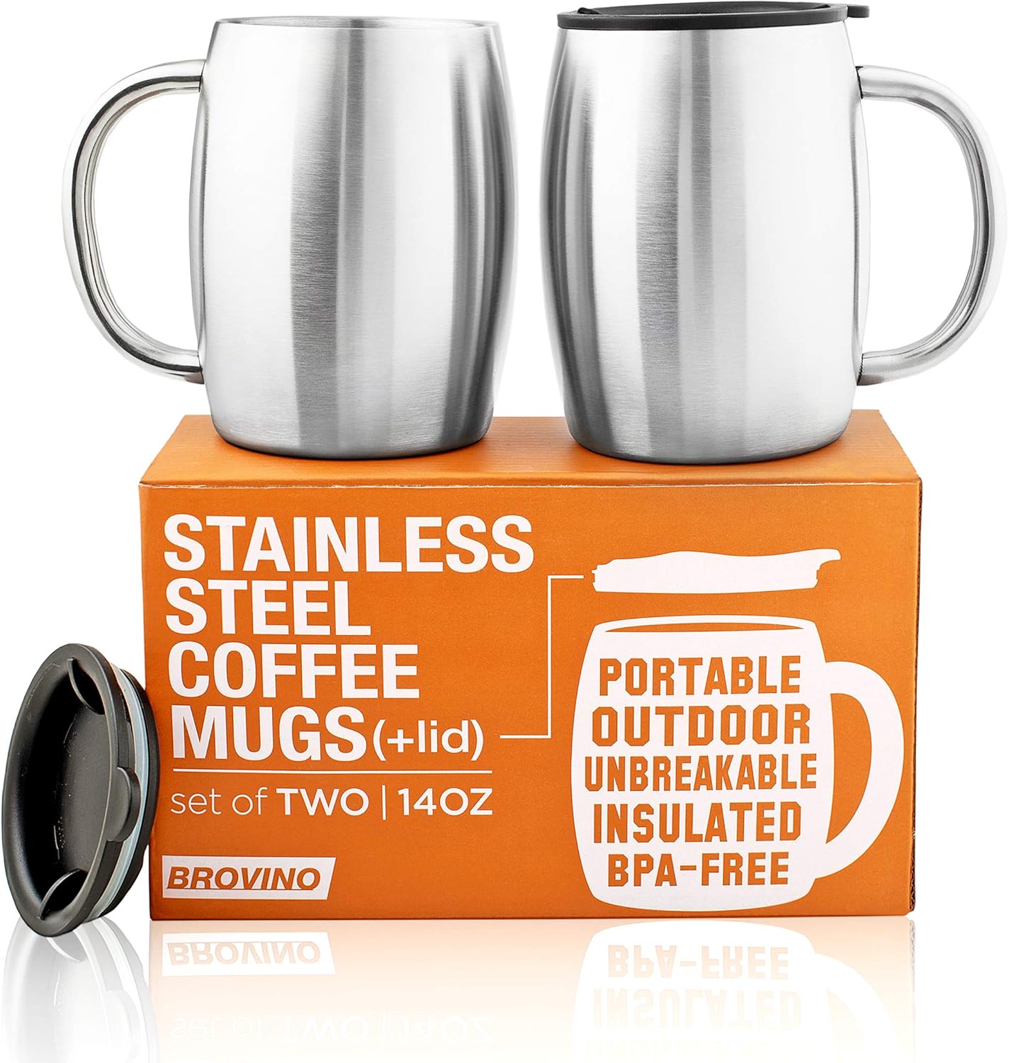 Stainless Steel Coffee Mugs with Lid (Set of 2) - 14 oz Double Walled Steel Coffee Glasses with Lid & Handle - Travel, Outdoor, Camping - Vacuum, Shatterproof, Durable