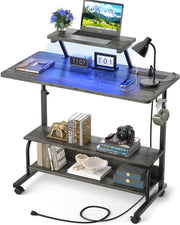 Height Adjustable Standing Desk with Power Outlets and LED Lights - 39" Manual Stand Up Desk with Monitor Stand and Storage Shelves Small Mobile Rolling Computer Desk Portable Laptop Table, Rustic