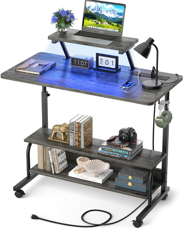 Height Adjustable Standing Desk with Power Outlets and LED Lights - 39" Manual Stand Up Desk with Monitor Stand and Storage Shelves Small Mobile Rolling Computer Desk Portable Laptop Table, Rustic