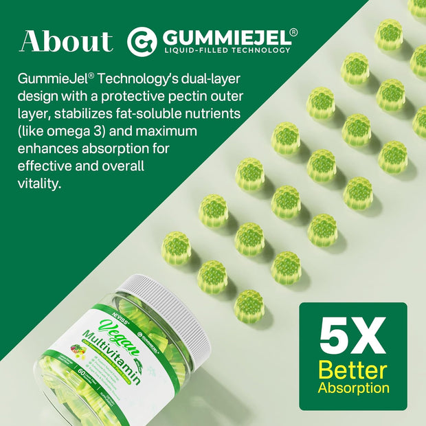 NEVISS Vegan Multivitamin for Women & Men w/Methyl B12, D3 K2, Plant Based Omega 3 (DHA+EPA), Iron, Choline, Zinc, Whole Food Daily Vitamins Gummies for Vegans & Vegetarians, Sugar Free, 60Cts