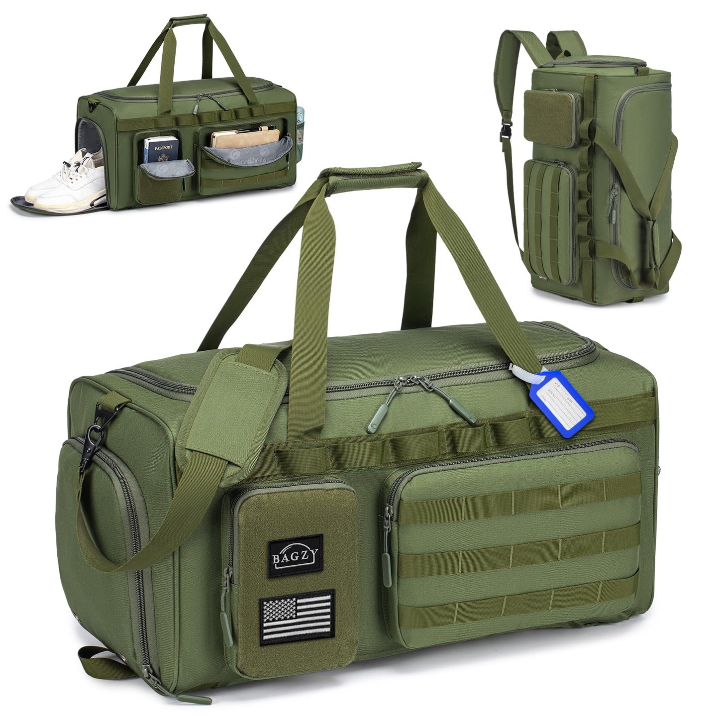 BAGZY 3 In 1 Tactical Military Travel Duffle Bag 40L with Shoe Compartment Gym Bag Backpack for Fitness Weekender Deployment Workout Black
