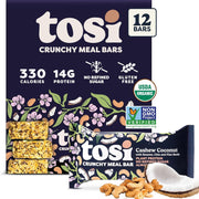 Tosi Meal Nut Bars, Cashew Coconut, Healthy Snacks for Adults & Kids, Crunchy Plant Based Protein Bar (14G), Keto Snacks, Vegan, Gluten & Soy Free, Low Sugar, Omega 3s, 2.4oz, 12-Pack