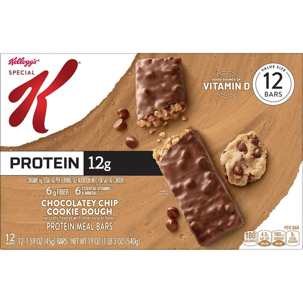 Special K Bar Protein Meal Bars, 12g Protein Snacks, Meal Replacement, Chocolatey Chip Cookie Dough, 19oz Box (12 Count)