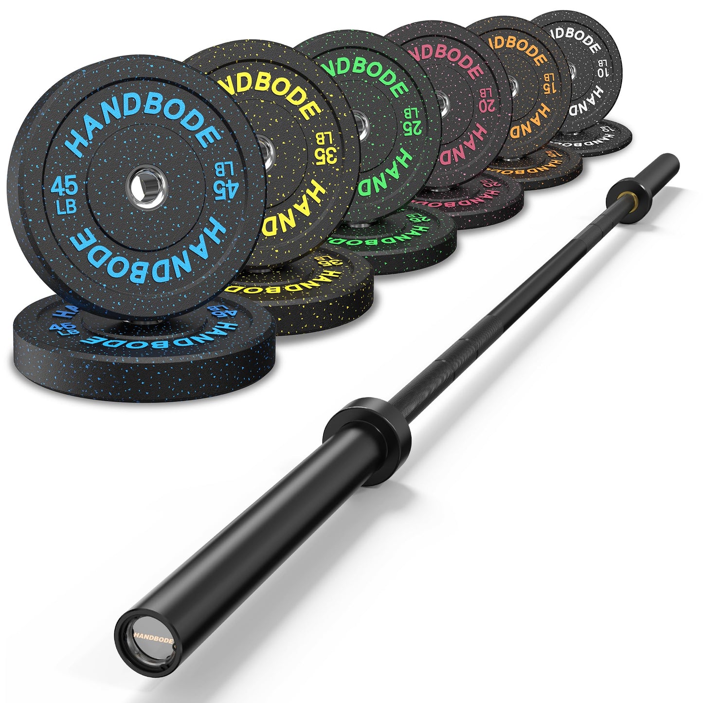 Bumper Plate Olympic Weight Plate Set 2 - Inch, 10-55 lb Barbell Weight Plates for Home Gym, Black Rubber Strength Training Plate for Weight Lifting with 45 lb (20 kg) Black/Silver Barbell