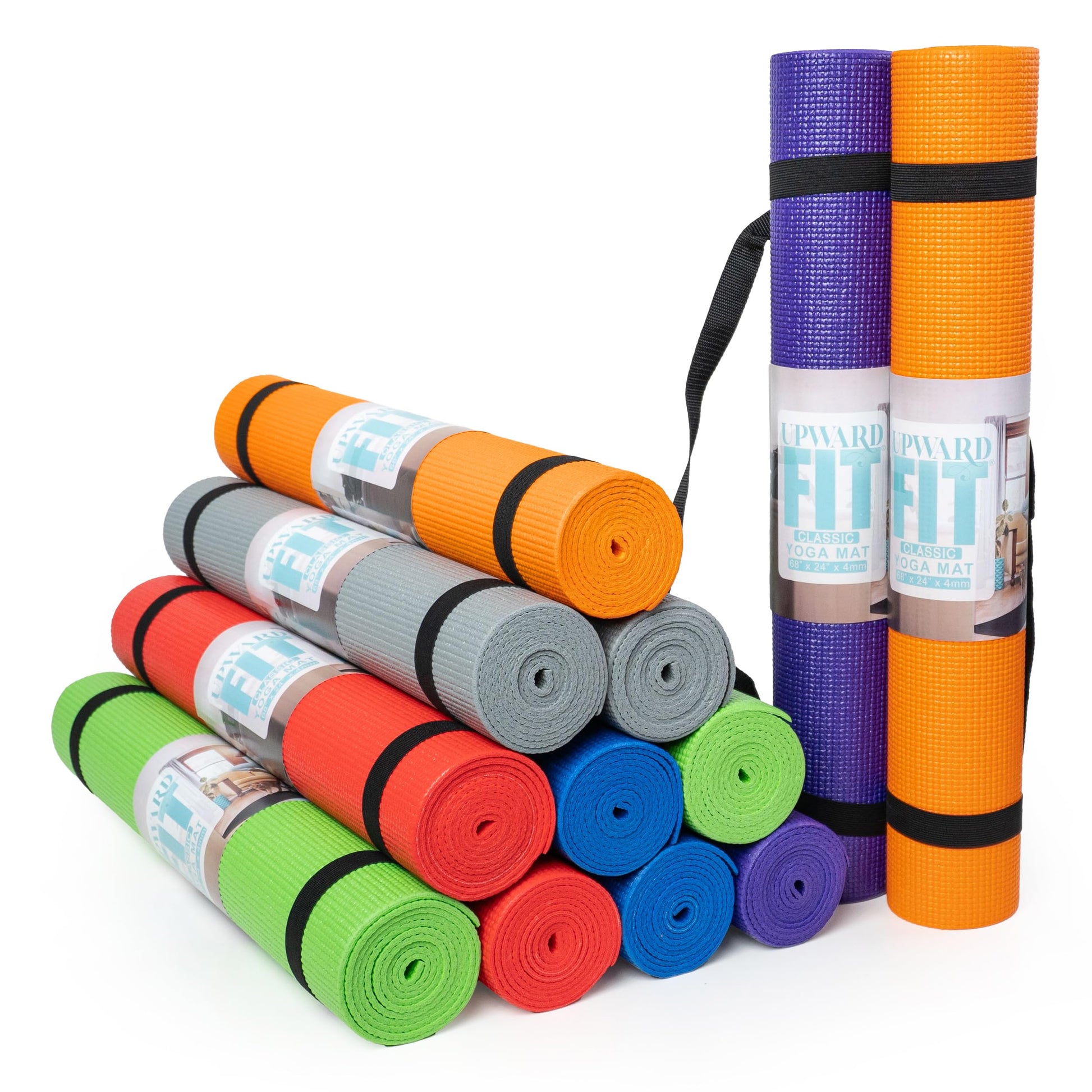 12-Pack Classic Yoga Mat With Carrying Strap, 68" x 24" Non Slip Exercise Mat, 4mm Thick Gym Mat, Bulk Non Toxic Yoga Mats for Home Workout, Schools, Classroom, and Studios