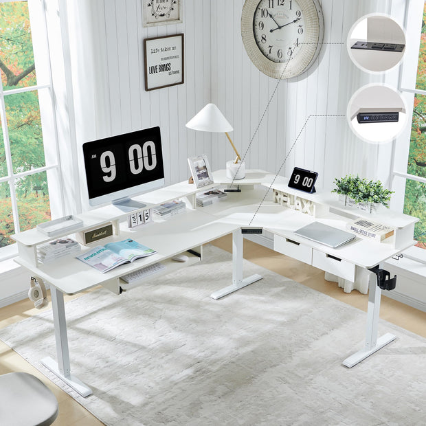 RedLemon 60 Inches L Shaped Electric Standing Desk, Height Adjustable Corner Gaming Desk with Drawers, Keyboard Tray, Power Outlets & LED Lights, Computer Desk with Monitor Shelf, Antique White