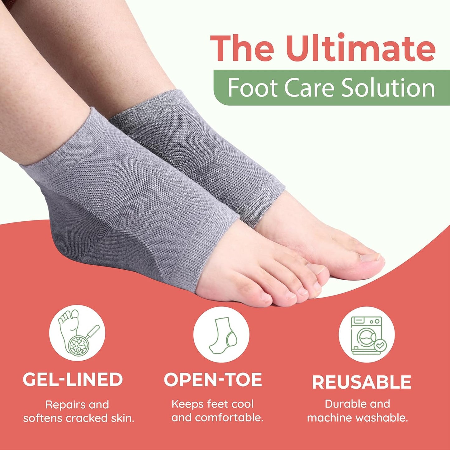 4-Pack Moisturizing Heel Socks for Cracked Heels - Gel Socks for Dry Cracked Feet Repair - Silicone Socks for Women and Men Foot Treatment & Overnight Hydration (Gray)