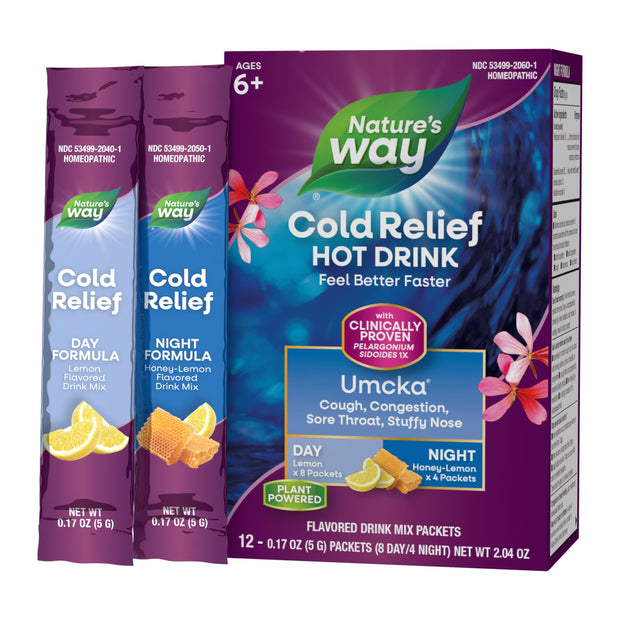 Nature's Way Cold Relief Hot Drink, Umcka, Homeopathic, Clinically Proven Pelargonium Sidoides 1X, for Cough, Congestion, Sore Throat, Stuffy Nose, Day & Night Formula, 12 Packets (Packaging May Vary)